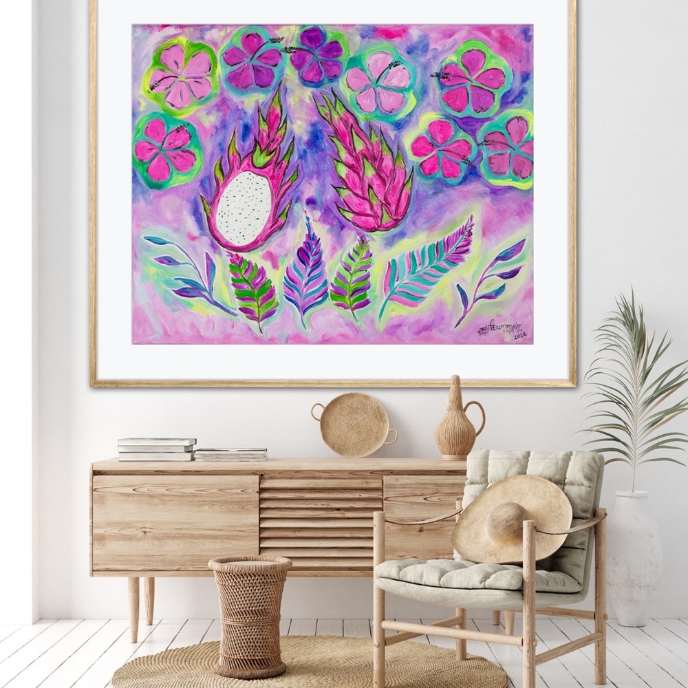 Dragonfruit Hibiscus Fine Art Print Oil Painting beach tropical island decor - Picture 4 of 9